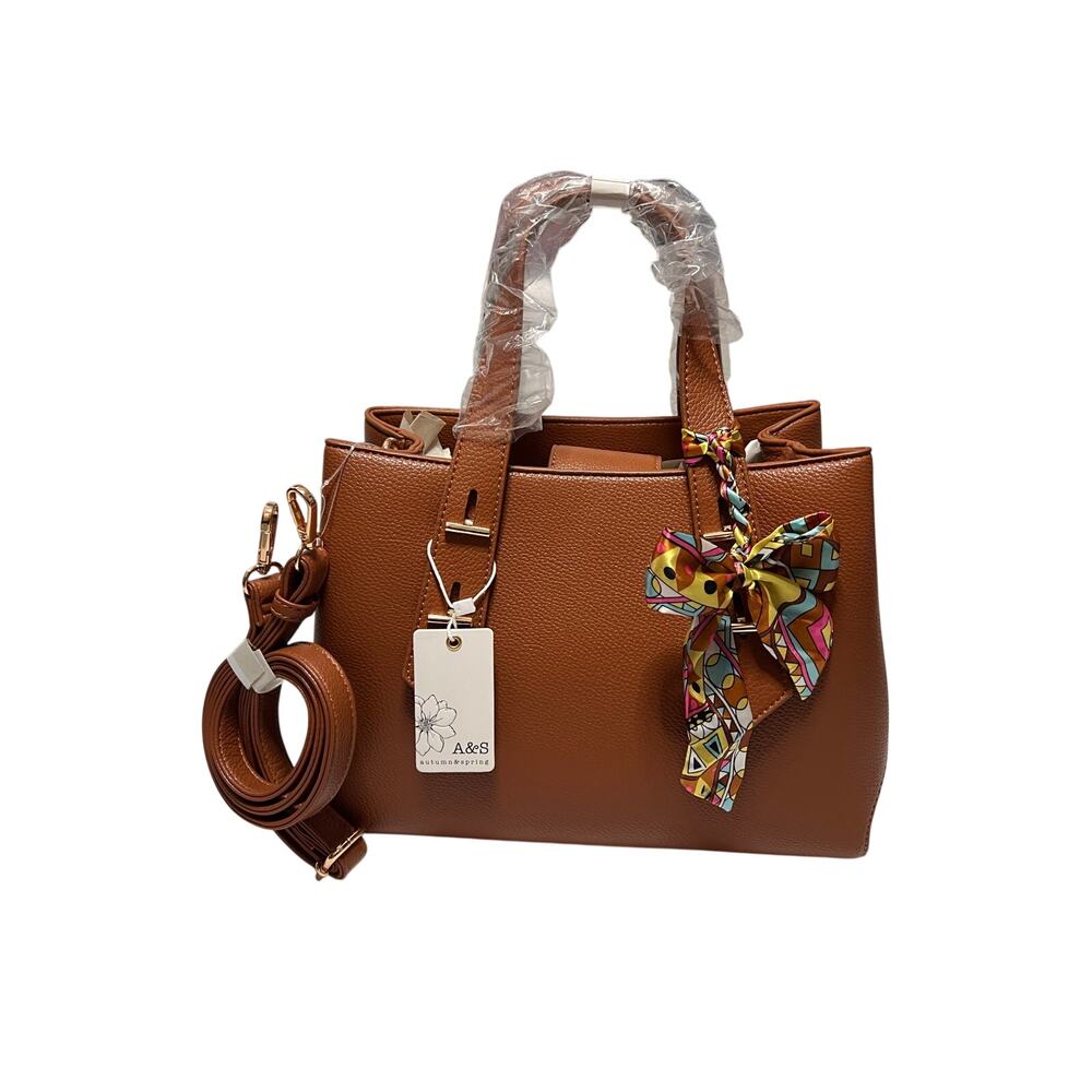 A & S Women's Top Handle Satchel Brown with Scarf NWT Goldtone Hardware
